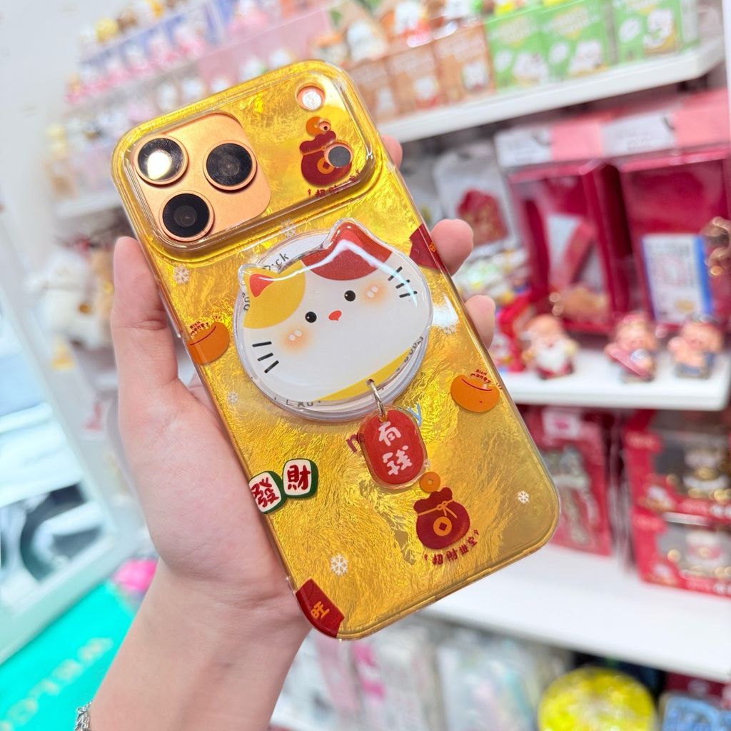 Case Ốp điện thoại iPhone Mèo May Mắn & Túi Tiền Money Tài lộc Ánh Xà Cừ Magsafe Vàng iPhone 13/14/15/16/17Pro/Promax