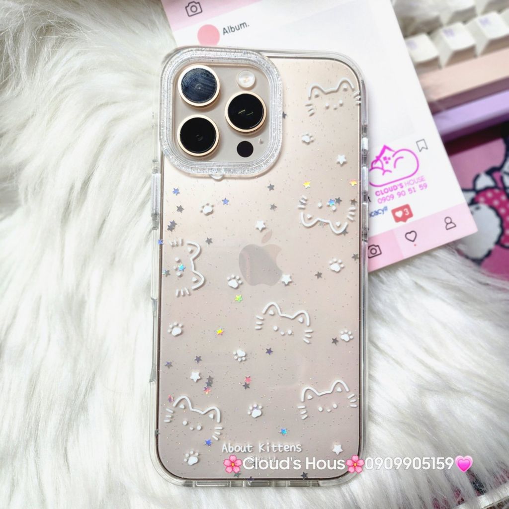 Case Ốp điện thoại iPhone Bling Bling Meomeo bé Mèo kute viền camera lấp la lấp lánh iPhone 13/14/15/16/17Pro/Promax