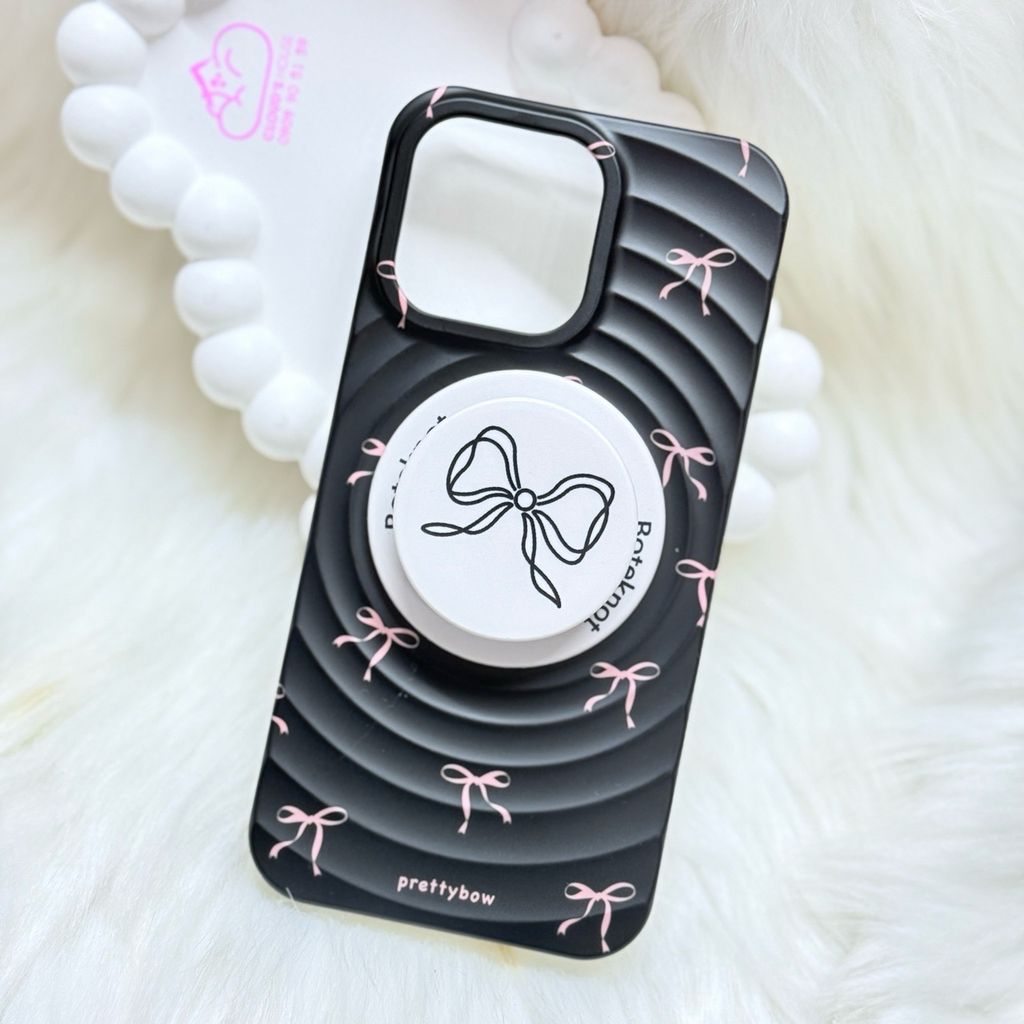 Case Ốp điện thoại iPhone Prettybow Nơ Hồng Nền Đen Pastel Magsafe iPhone 17/16/15/14/13/12/Pro/Promax