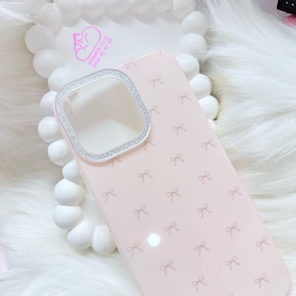 Case Ốp điện thoại iPhone Nơ Hồng Nhạt Viền Camera Bling Bling iPhone 13/14/15/16/17Pro/Promax (Kèm dây 180k)