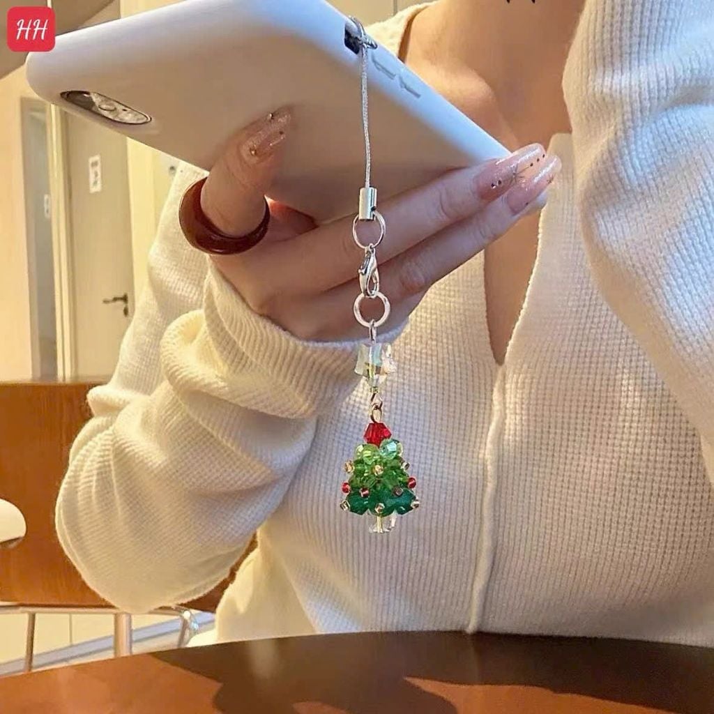 Móc Treo/ Móc khoá điện thoại di động đính hạt pha lê cây thông Noel, móc chìa khóa bông tuyết Giáng sinh