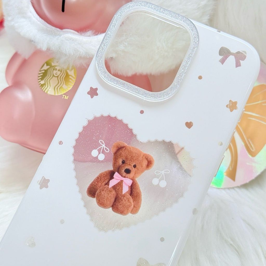 Case Ốp điện thoại iPhone Trắng Gấu Nâu Nơ Sao Cherry Freedom Có Nút Control Viền Camera Bling Bling iPhone 13/14/15/16/17Pro/Promax