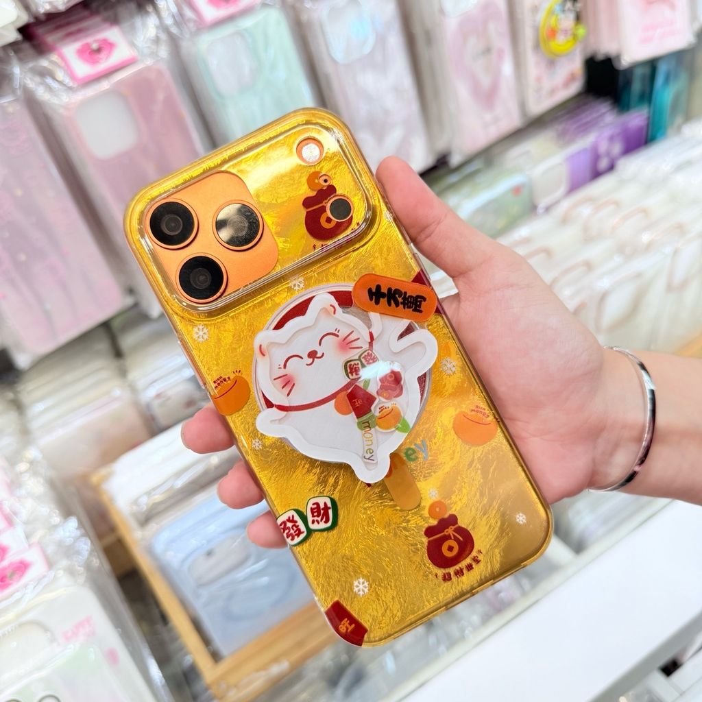 Case Ốp điện thoại iPhone Mèo May Mắn & Túi Tiền Money Tài lộc Ánh Xà Cừ Magsafe Vàng iPhone 13/14/15/16/17Pro/Promax