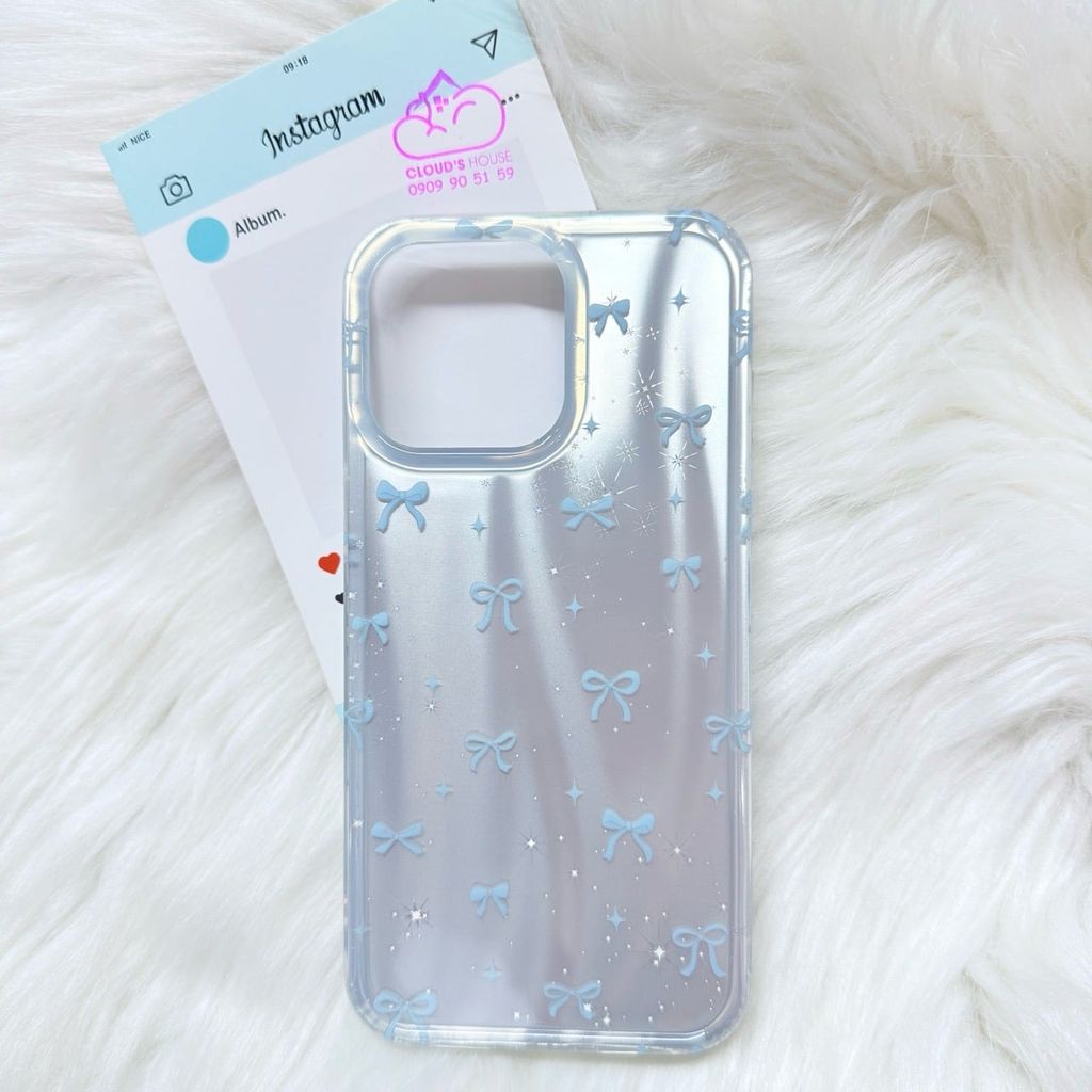 Case Ốp điện thoại iPhone Nơ Xanh Dương Hologram Bling Bling iPhone 13/14/15/16/Pro/Promax