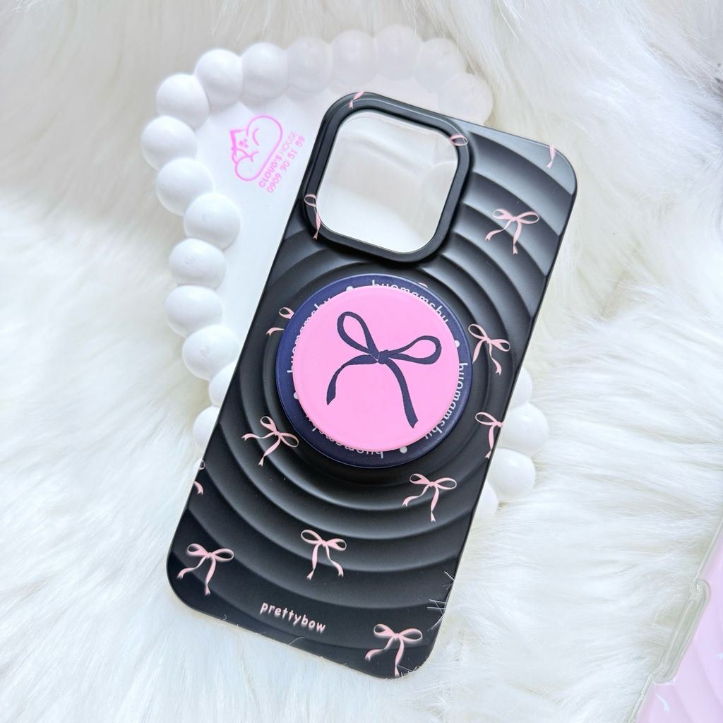 Case Ốp điện thoại iPhone Prettybow Nơ Hồng Nền Đen Pastel Magsafe iPhone 17/16/15/14/13/12/Pro/Promax