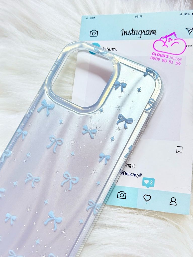 Case Ốp điện thoại iPhone Nơ Xanh Dương Hologram Bling Bling iPhone 13/14/15/16/Pro/Promax