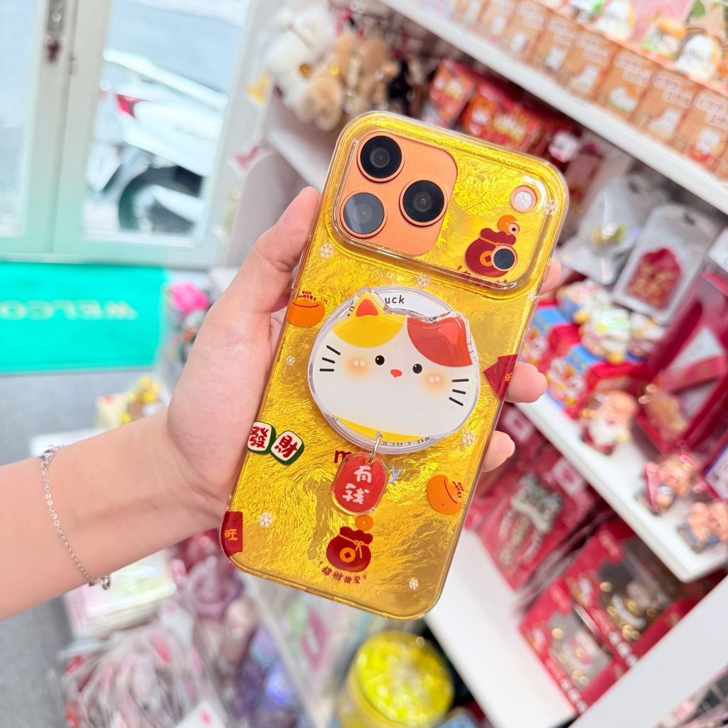 Case Ốp điện thoại iPhone Mèo May Mắn & Túi Tiền Money Tài lộc Ánh Xà Cừ Magsafe Vàng iPhone 13/14/15/16/17Pro/Promax