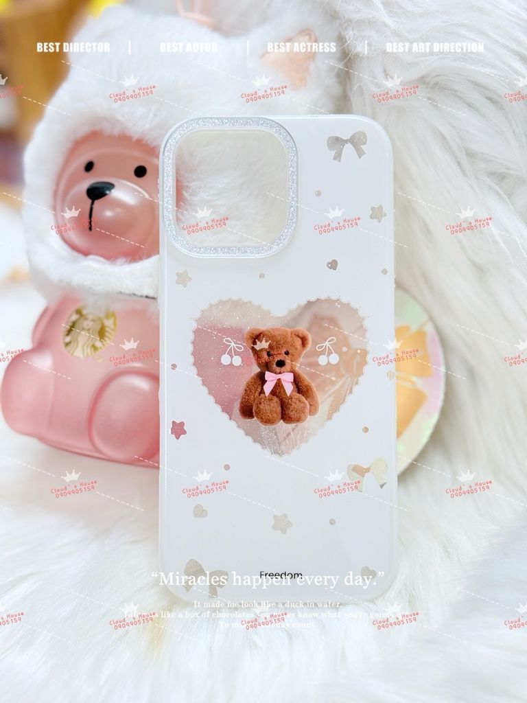Case Ốp điện thoại iPhone Trắng Gấu Nâu Nơ Sao Cherry Freedom Có Nút Control Viền Camera Bling Bling iPhone 13/14/15/16/17Pro/Promax