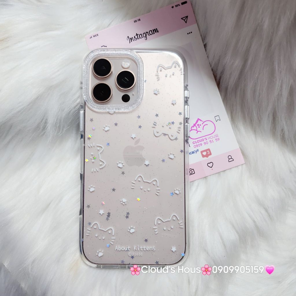 Case Ốp điện thoại iPhone Bling Bling Meomeo bé Mèo kute viền camera lấp la lấp lánh iPhone 13/14/15/16/17Pro/Promax