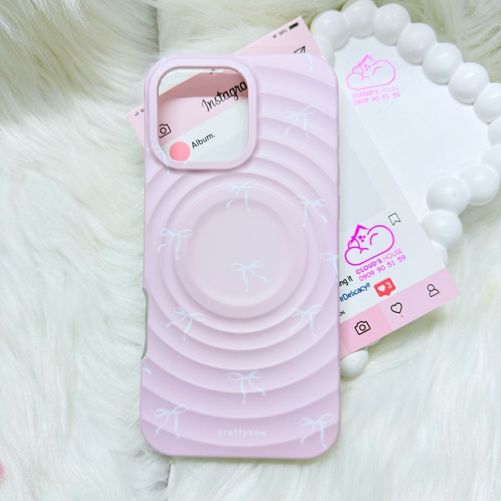 Case Ốp điện thoại iPhone Prettybow Nơ Trắng Nền Hồng Magsafe iPhone 17/16/15/14/13/12/Pro/Promax