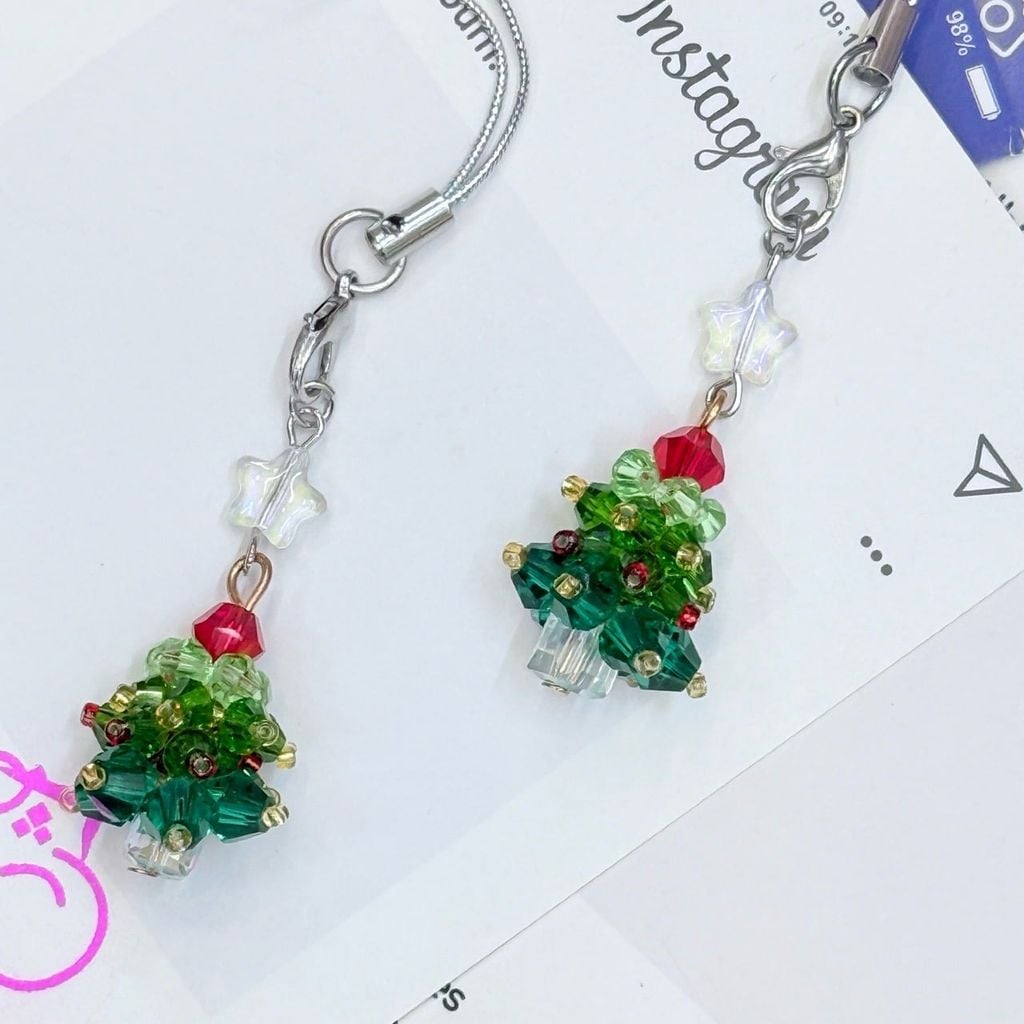 Móc Treo/ Móc khoá điện thoại di động đính hạt pha lê cây thông Noel, móc chìa khóa bông tuyết Giáng sinh