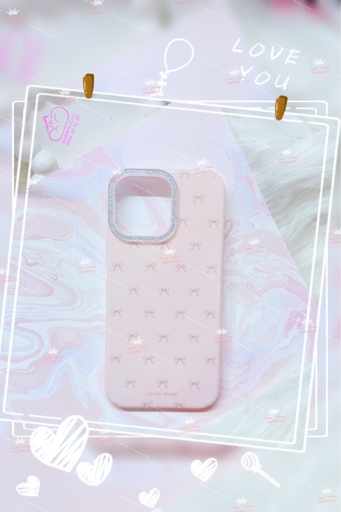 Case Ốp điện thoại iPhone Nơ Hồng Nhạt Viền Camera Bling Bling iPhone 13/14/15/16/17Pro/Promax (Kèm dây 180k)