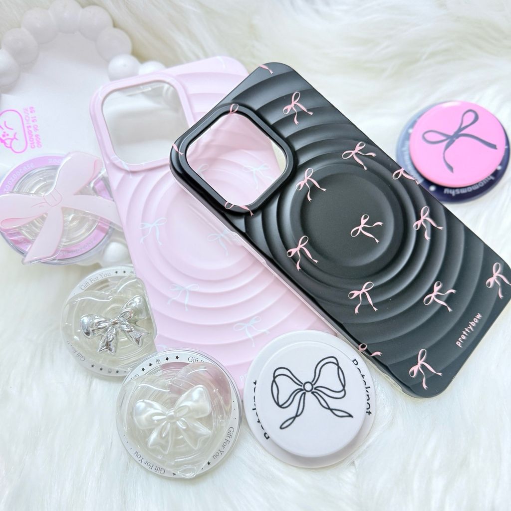 Case Ốp điện thoại iPhone Prettybow Nơ Hồng Nền Đen Pastel Magsafe iPhone 17/16/15/14/13/12/Pro/Promax