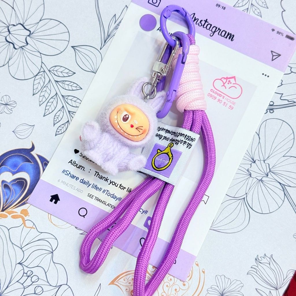 Dây đeo ngắn móc tay LABUBU chất dù giữ điện thoại màu phối trơn ( DÂY NGẮN) - kèm móc hoạt hình