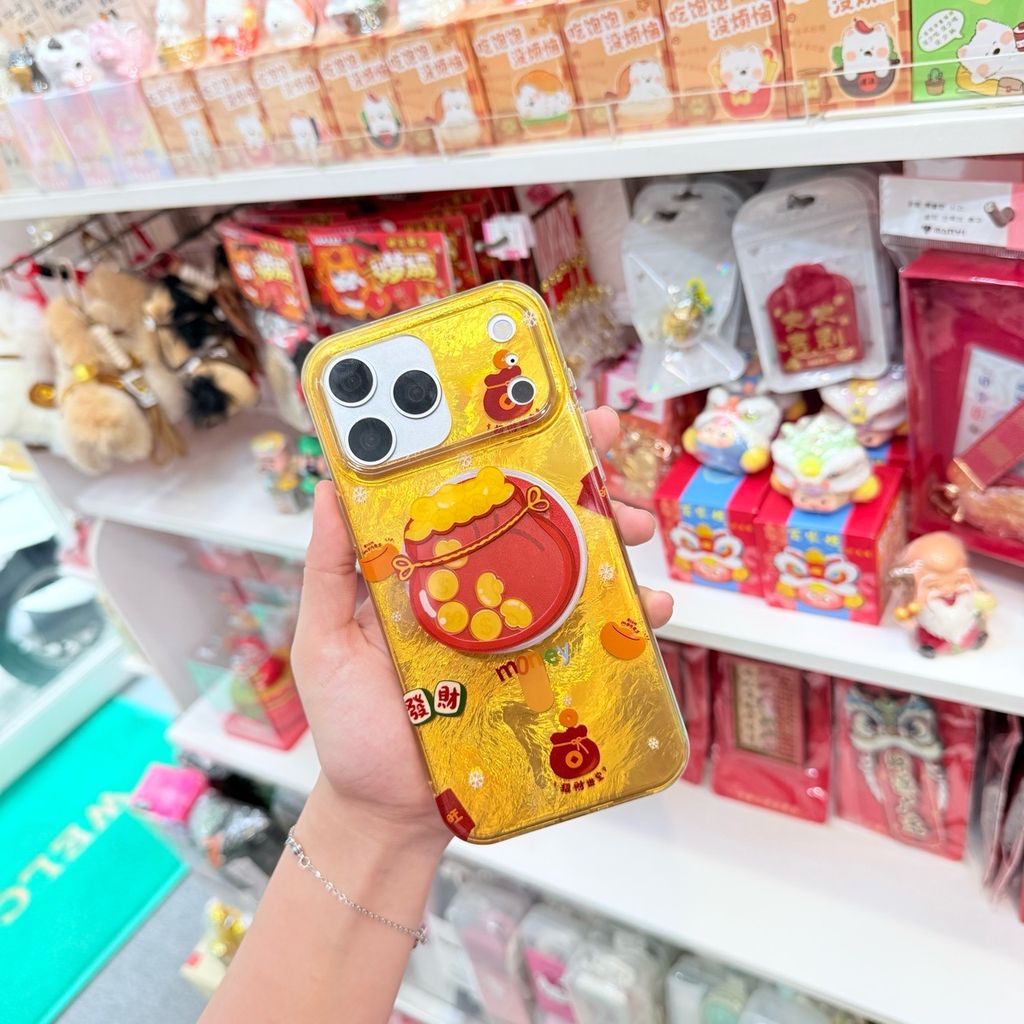 Case Ốp điện thoại iPhone Mèo May Mắn & Túi Tiền Money Tài lộc Ánh Xà Cừ Magsafe Vàng iPhone 13/14/15/16/17Pro/Promax