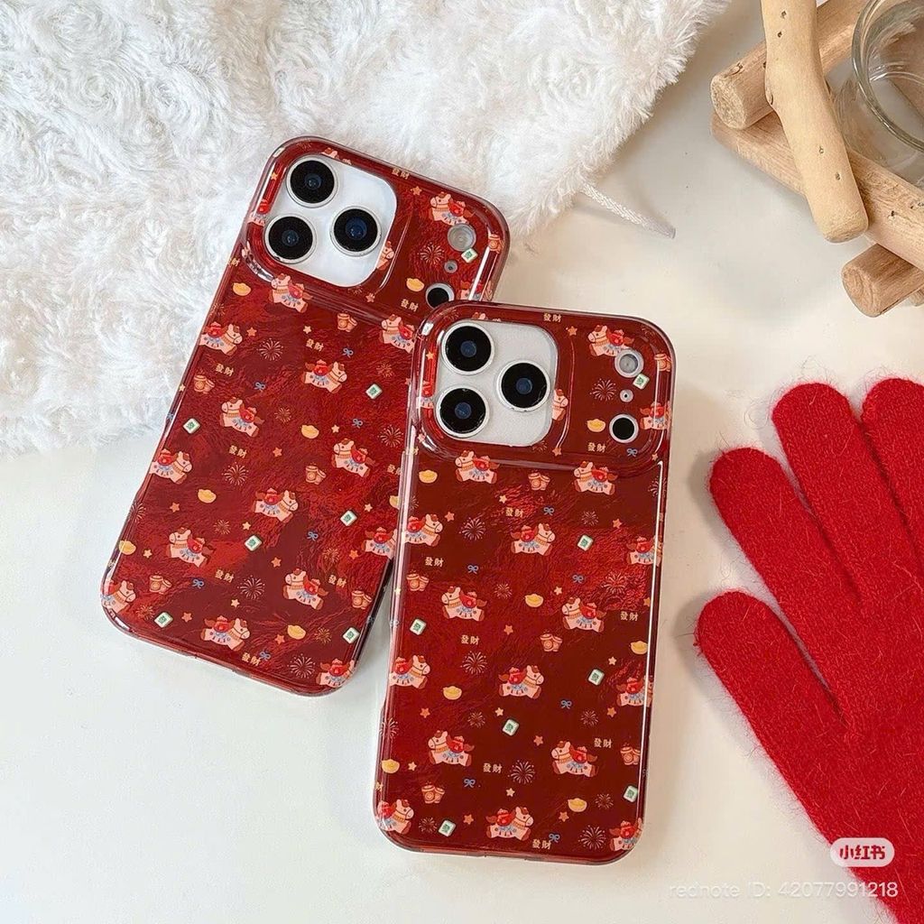Case Ốp điện thoại iPhone Ngựa Cõng Túi Vàng Tài lộc Ánh Xà Cừ Đỏ iPhone 13/14/15/16/17Pro/Promax - TẾT