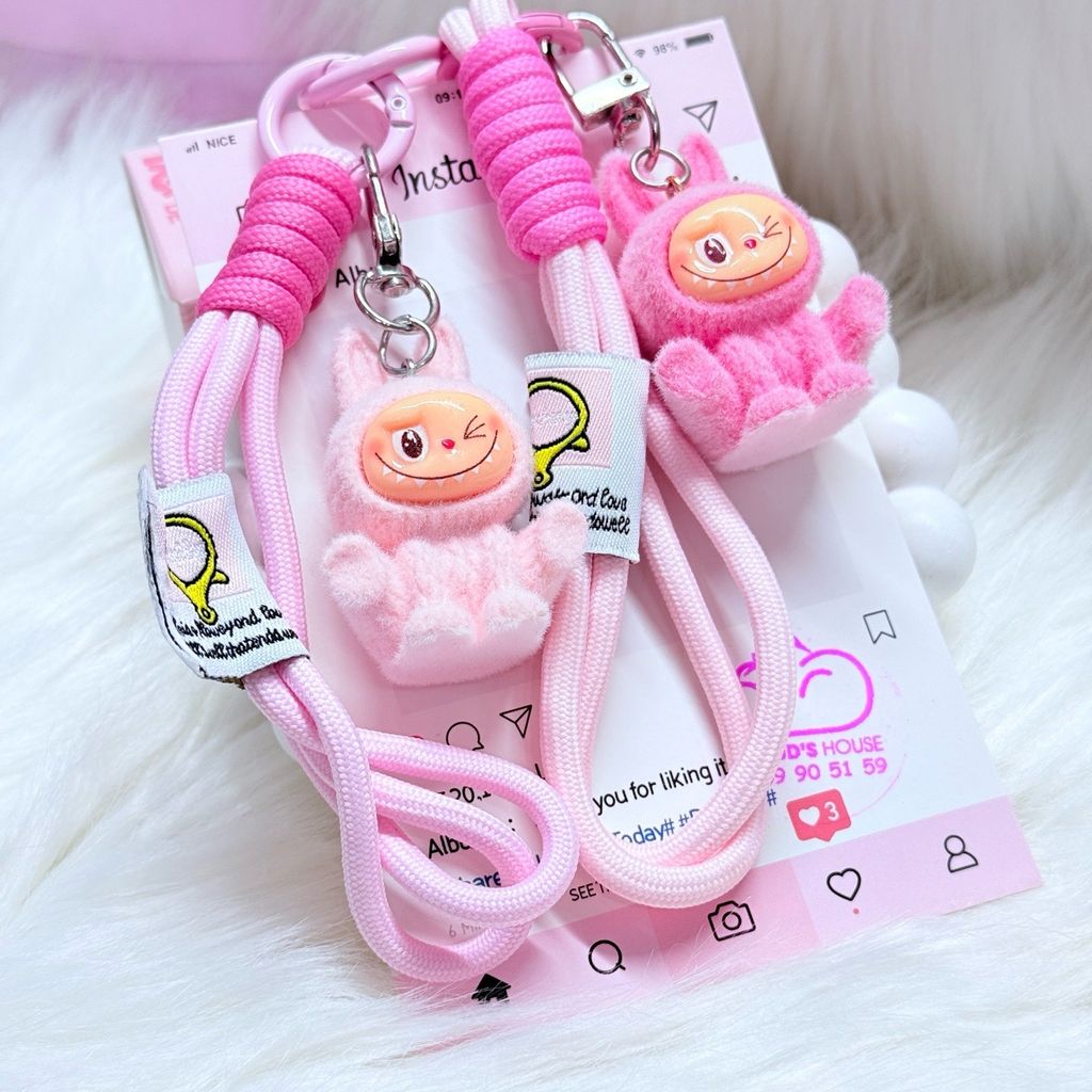 Dây đeo ngắn móc tay LABUBU chất dù giữ điện thoại màu phối trơn ( DÂY NGẮN) - kèm móc hoạt hình