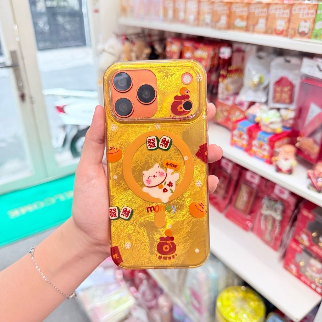 Case Ốp điện thoại iPhone Mèo May Mắn & Túi Tiền Money Tài lộc Ánh Xà Cừ Magsafe Vàng iPhone 13/14/15/16/17Pro/Promax
