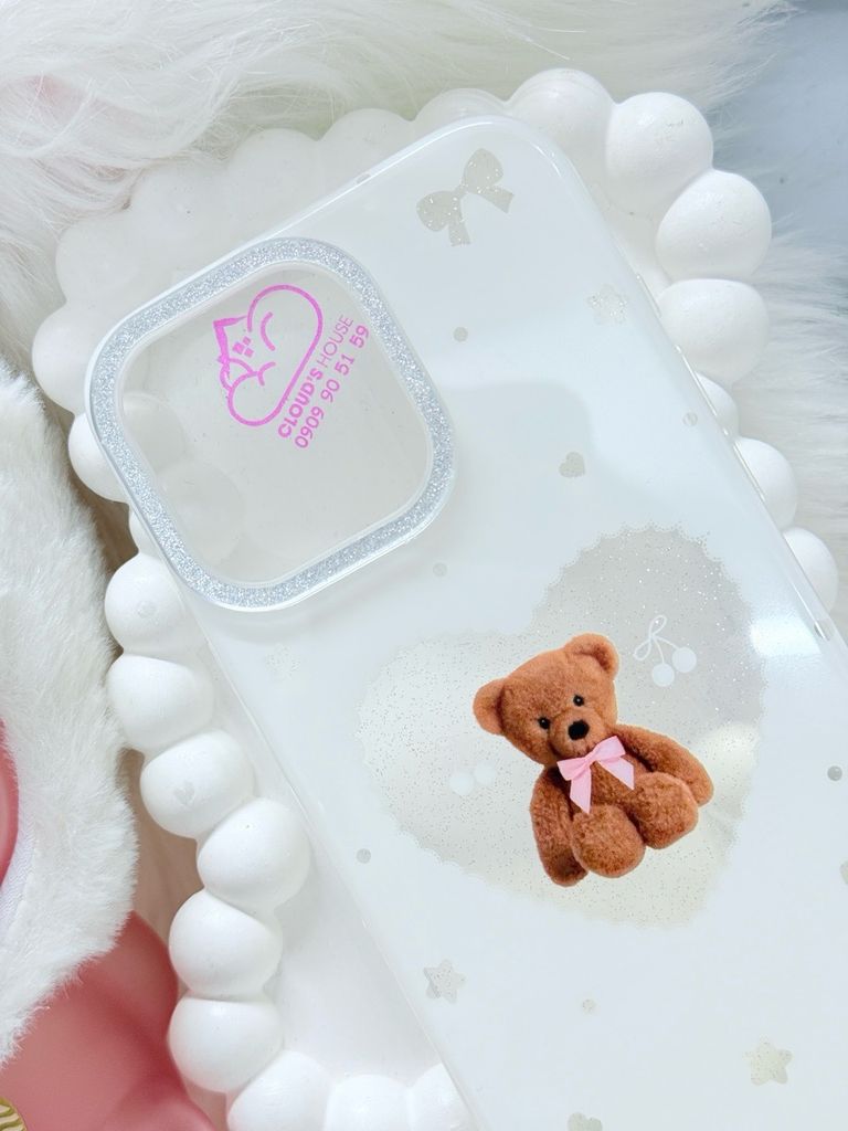 Case Ốp điện thoại iPhone Trắng Gấu Nâu Nơ Sao Cherry Freedom Có Nút Control Viền Camera Bling Bling iPhone 13/14/15/16/17Pro/Promax