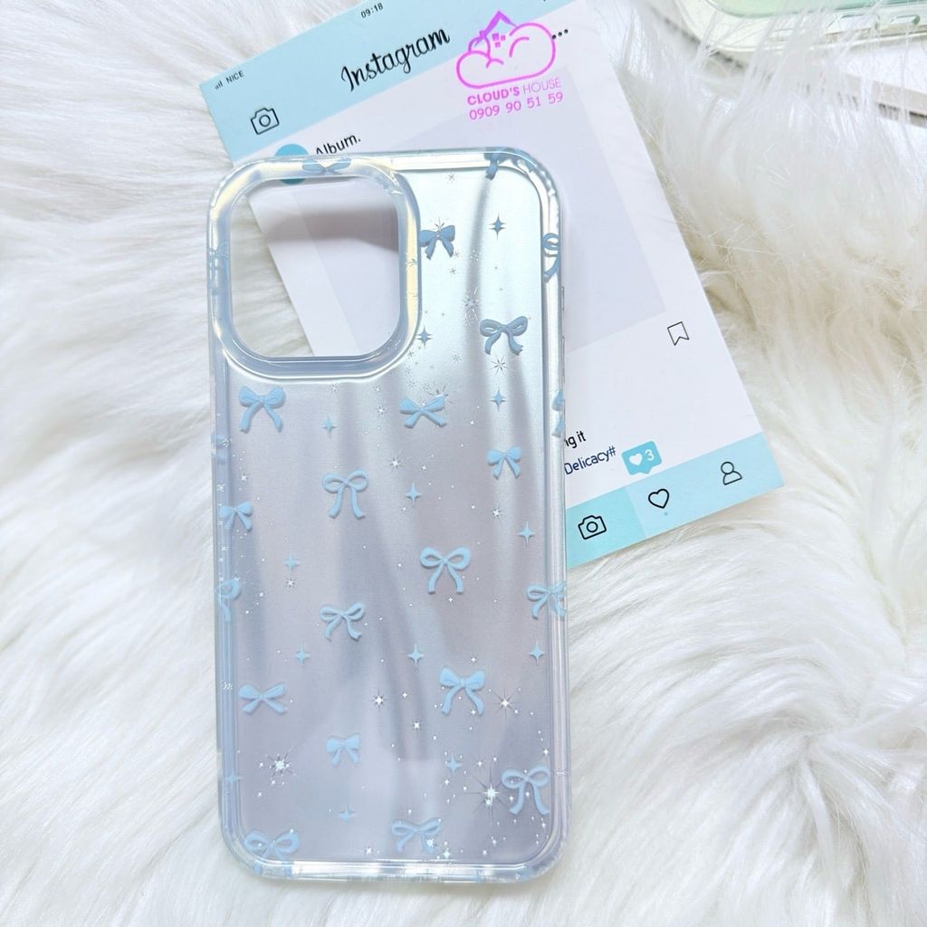 Case Ốp điện thoại iPhone Nơ Xanh Dương Hologram Bling Bling iPhone 13/14/15/16/Pro/Promax