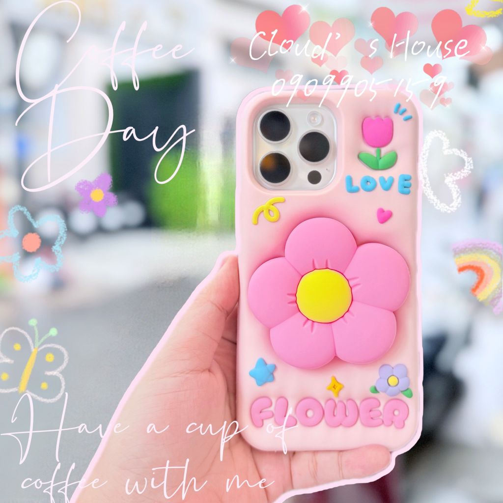 Case Ốp điện thoại iPhone Hoa kèm Popsocket Su dẻo 3D Nổi iPhone 11/12/13/14/15/Plus/Pro/Promax