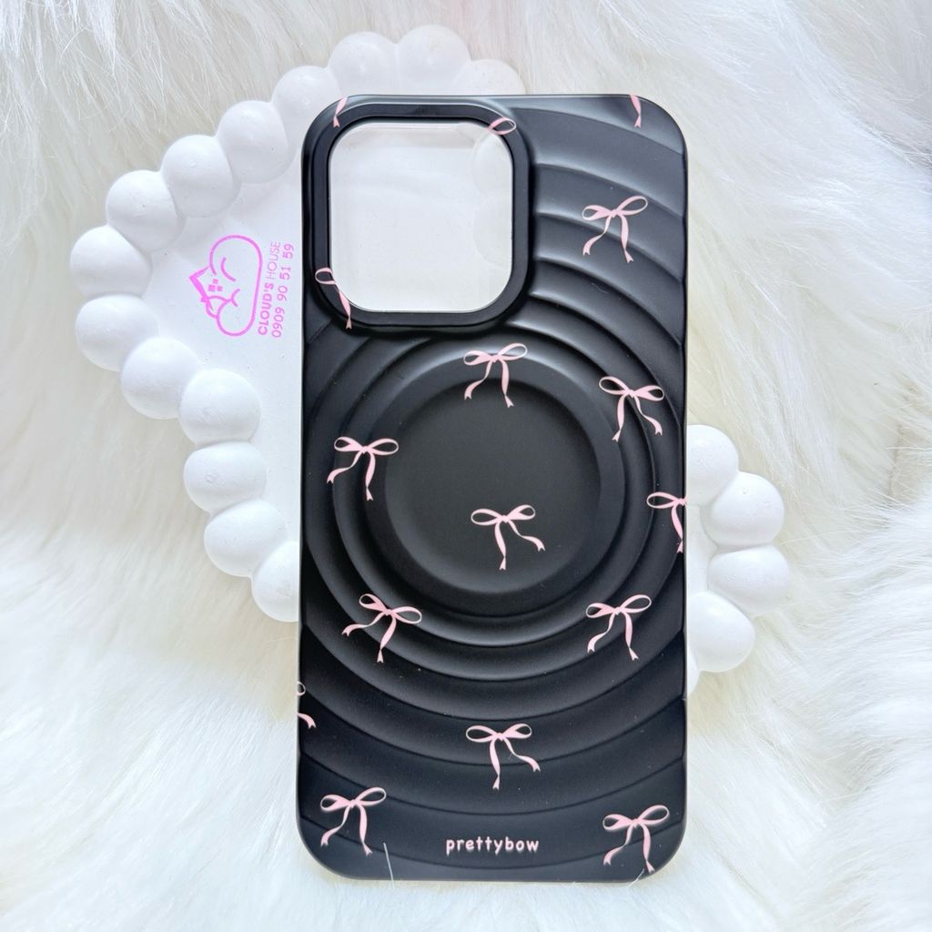 Case Ốp điện thoại iPhone Prettybow Nơ Hồng Nền Đen Pastel Magsafe iPhone 17/16/15/14/13/12/Pro/Promax