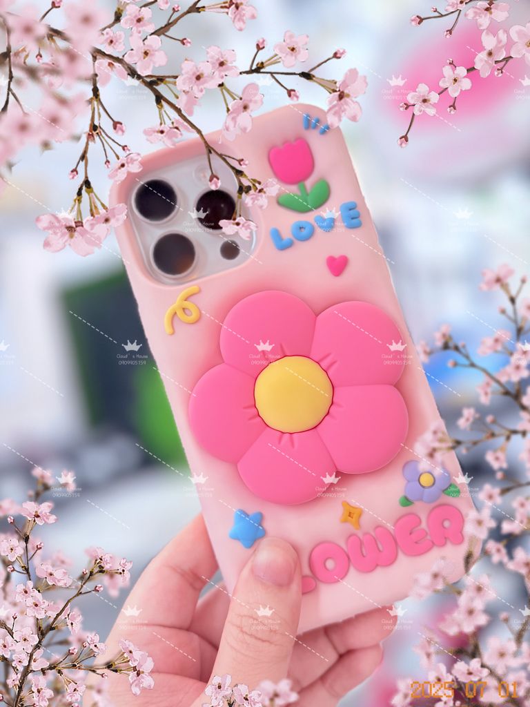 Case Ốp điện thoại iPhone Hoa kèm Popsocket Su dẻo 3D Nổi iPhone 11/12/13/14/15/Plus/Pro/Promax