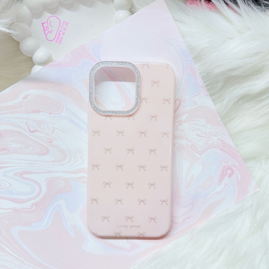 Case Ốp điện thoại iPhone Nơ Hồng Nhạt Viền Camera Bling Bling iPhone 13/14/15/16/17Pro/Promax (Kèm dây 180k)