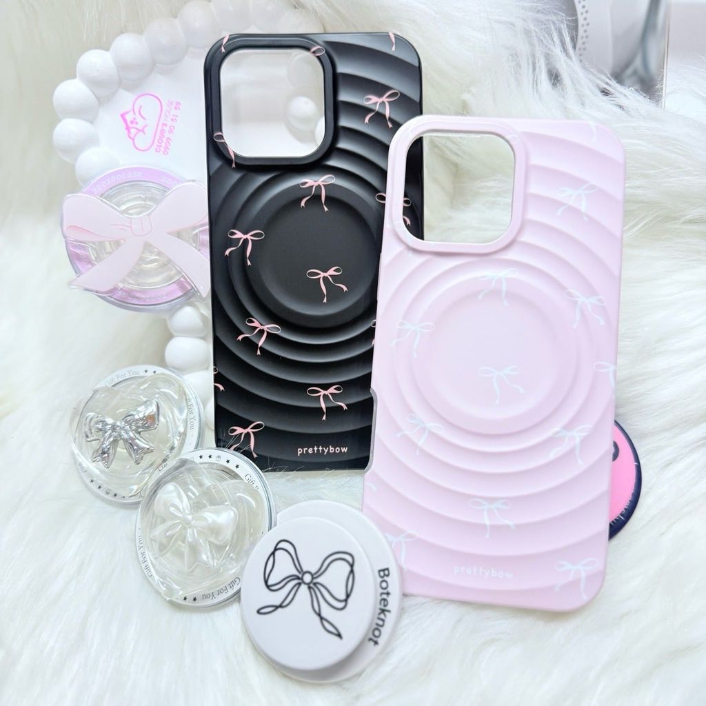 Case Ốp điện thoại iPhone Prettybow Nơ Trắng Nền Hồng Magsafe iPhone 17/16/15/14/13/12/Pro/Promax
