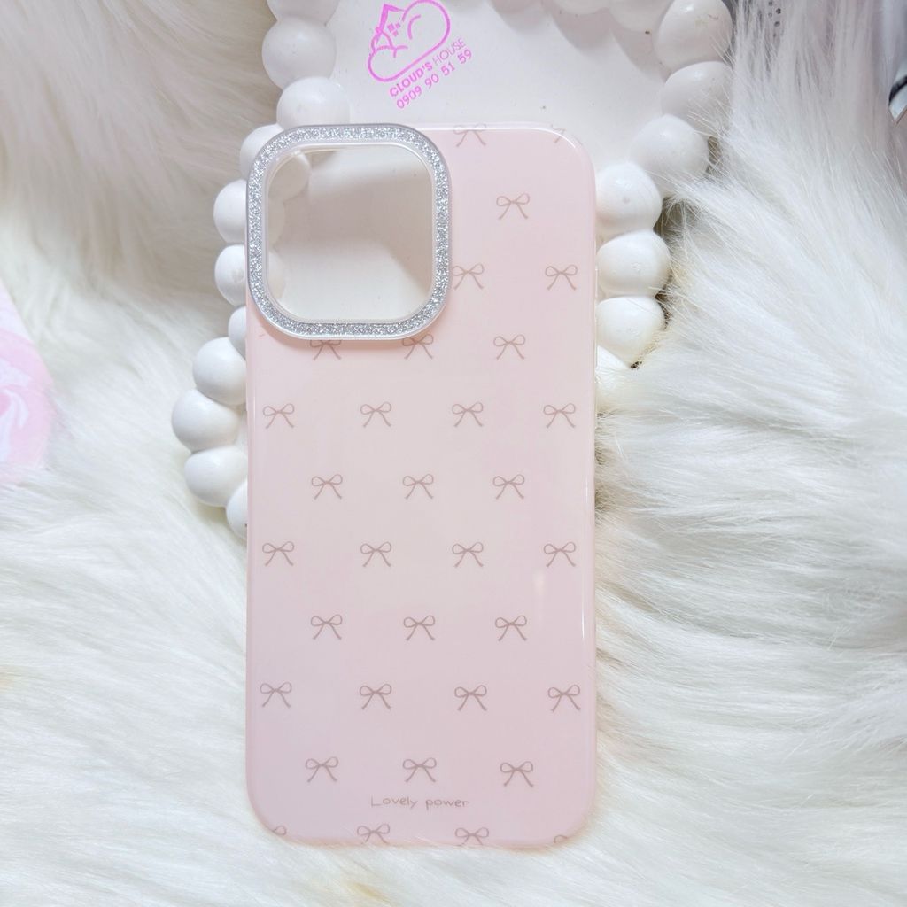 Case Ốp điện thoại iPhone Nơ Hồng Nhạt Viền Camera Bling Bling iPhone 13/14/15/16/17Pro/Promax (Kèm dây 180k)