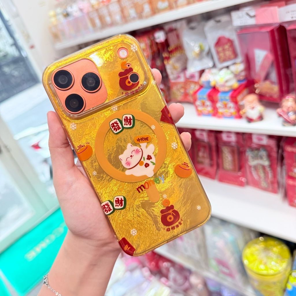 Case Ốp điện thoại iPhone Mèo May Mắn & Túi Tiền Money Tài lộc Ánh Xà Cừ Magsafe Vàng iPhone 13/14/15/16/17Pro/Promax