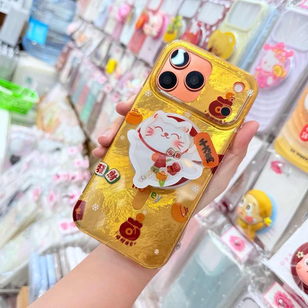 Case Ốp điện thoại iPhone Mèo May Mắn & Túi Tiền Money Tài lộc Ánh Xà Cừ Magsafe Vàng iPhone 13/14/15/16/17Pro/Promax