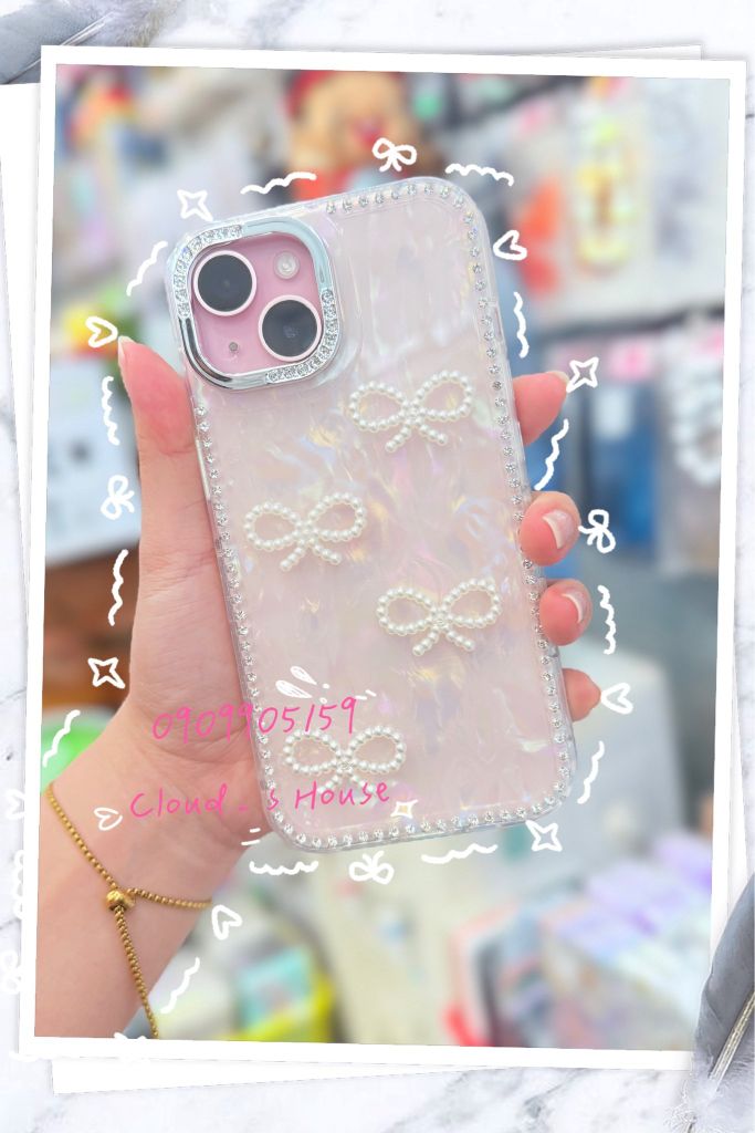 Case Ốp điện thoại iPhone Nơ Trắng Trong Ánh Xà Cừ Đính Đá Case iPhone 12/13/14/15/16/Pro/Promax
