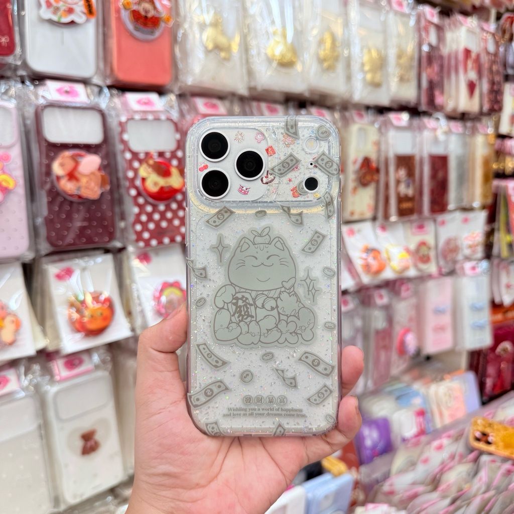 Case Ốp điện thoại iPhone Mèo May Mắn, Tài Lộc Trong Kim Tuyến Bạc iPhone 12/13/14/15/16/17Pro/Promax - TẾT