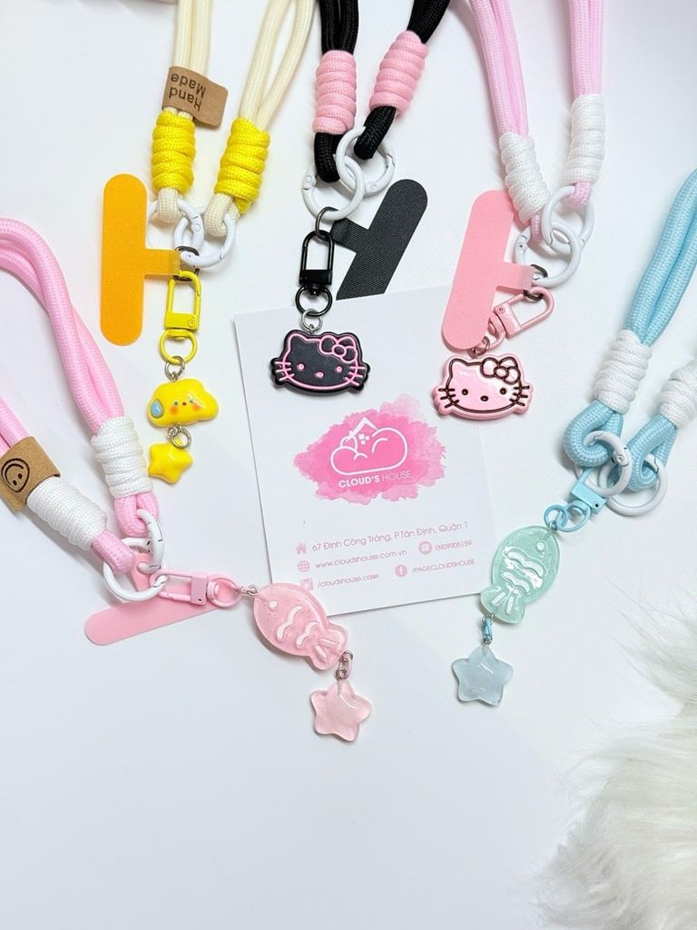 Dây đeo ngắn móc tay chất dù giữ điện thoại màu phối trơn ( DÂY NGẮN) - kèm móc hoạt hình các mẫu