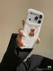 Case Ốp điện thoại iPhone Trắng Gấu Nâu Nơ Sao Cherry Freedom Có Nút Control Viền Camera Bling Bling iPhone 13/14/15/16/17Pro/Promax