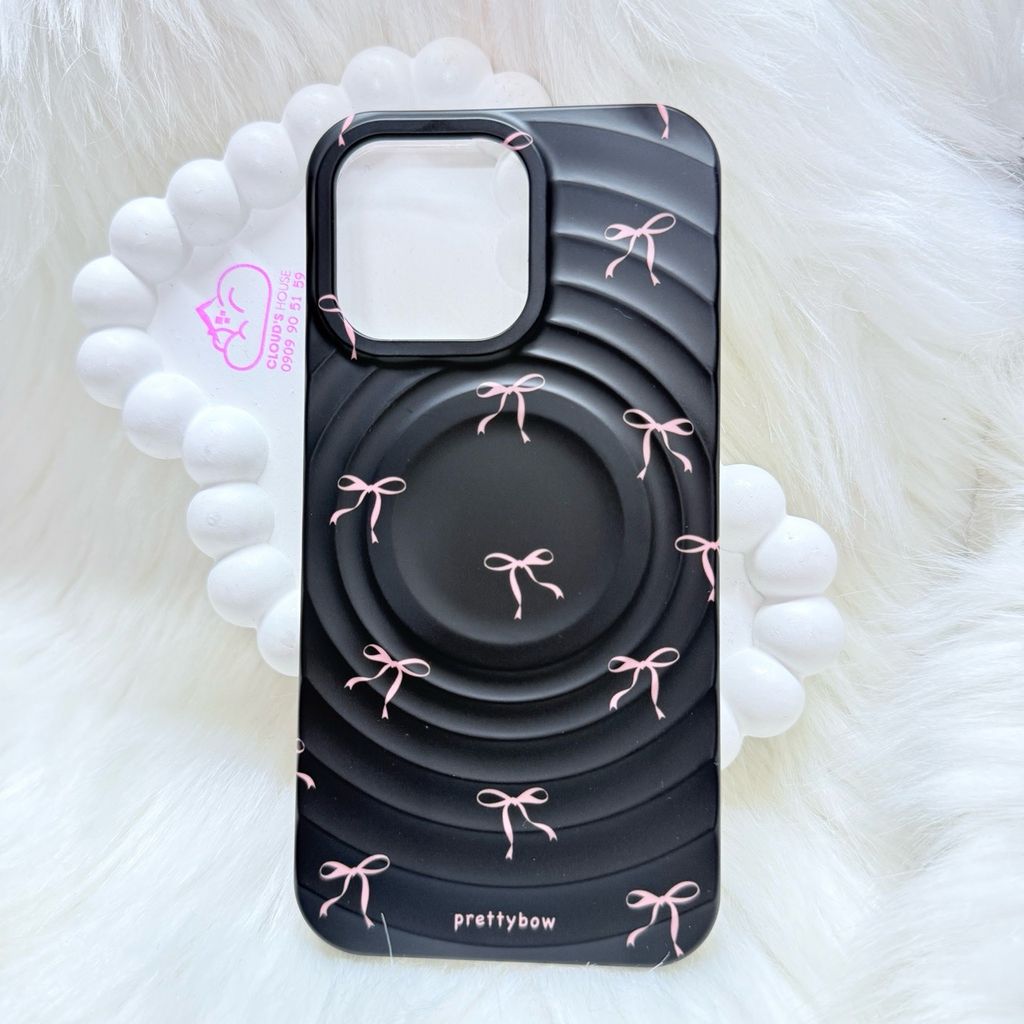 Case Ốp điện thoại iPhone Prettybow Nơ Hồng Nền Đen Pastel Magsafe iPhone 17/16/15/14/13/12/Pro/Promax