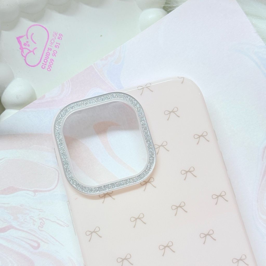 Case Ốp điện thoại iPhone Nơ Hồng Nhạt Viền Camera Bling Bling iPhone 13/14/15/16/17Pro/Promax (Kèm dây 180k)