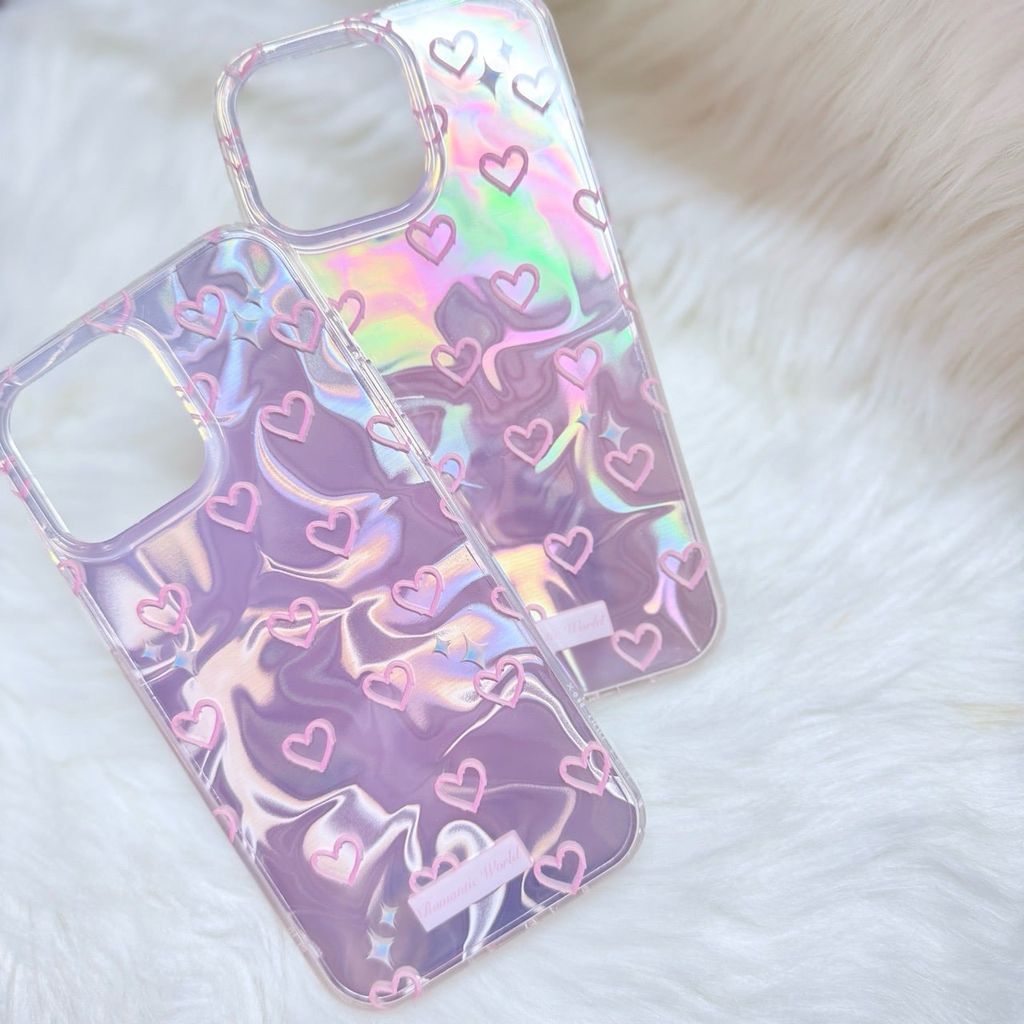 Case Ốp điện thoại iPhone Tim Hồng Ánh Bạc Hồng Hologram iPhone 12/13/14/15/16/Pro/Promax
