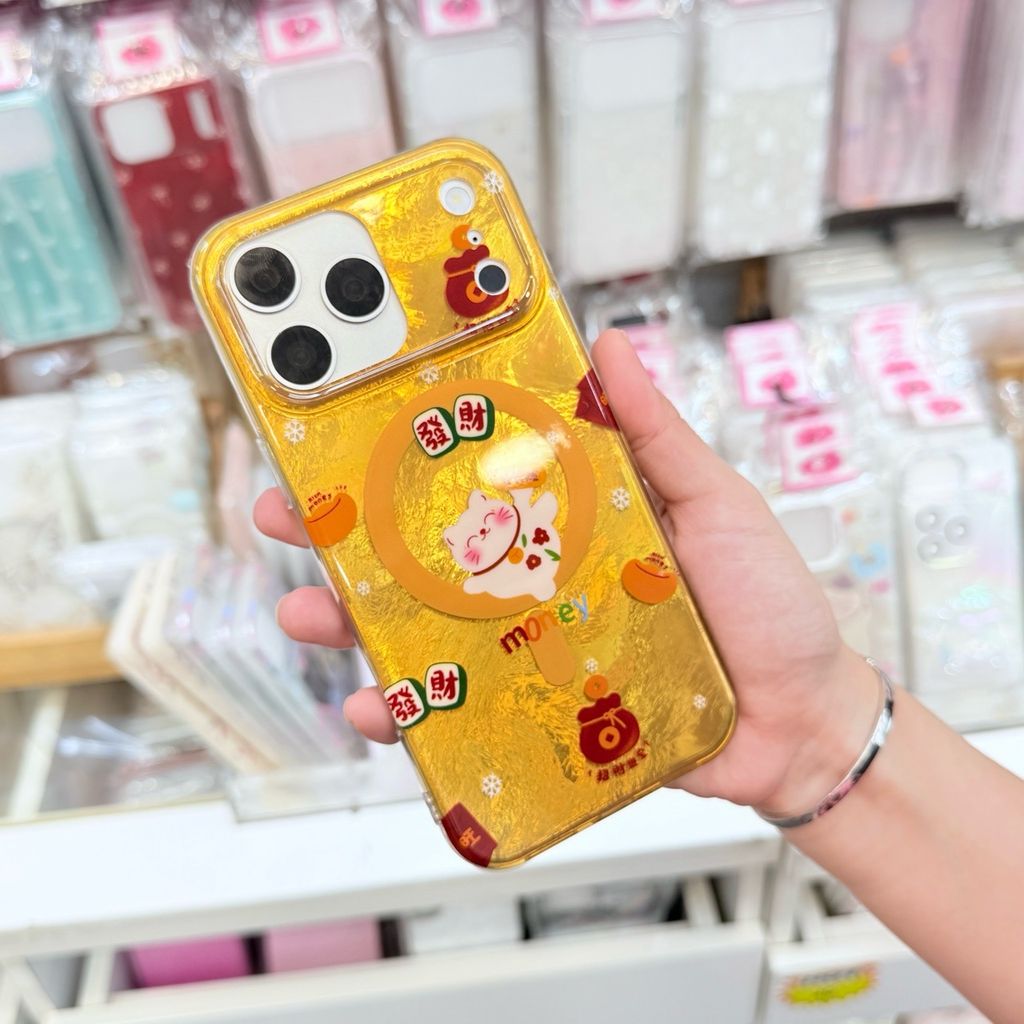 Case Ốp điện thoại iPhone Mèo May Mắn & Túi Tiền Money Tài lộc Ánh Xà Cừ Magsafe Vàng iPhone 13/14/15/16/17Pro/Promax