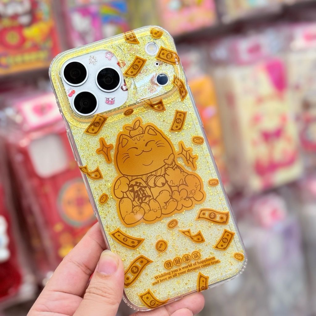 Case Ốp điện thoại iPhone Mèo May Mắn, Tài Lộc Trong Kim Tuyến Vàng iPhone 12/13/14/15/16/17Pro/Promax - TẾT