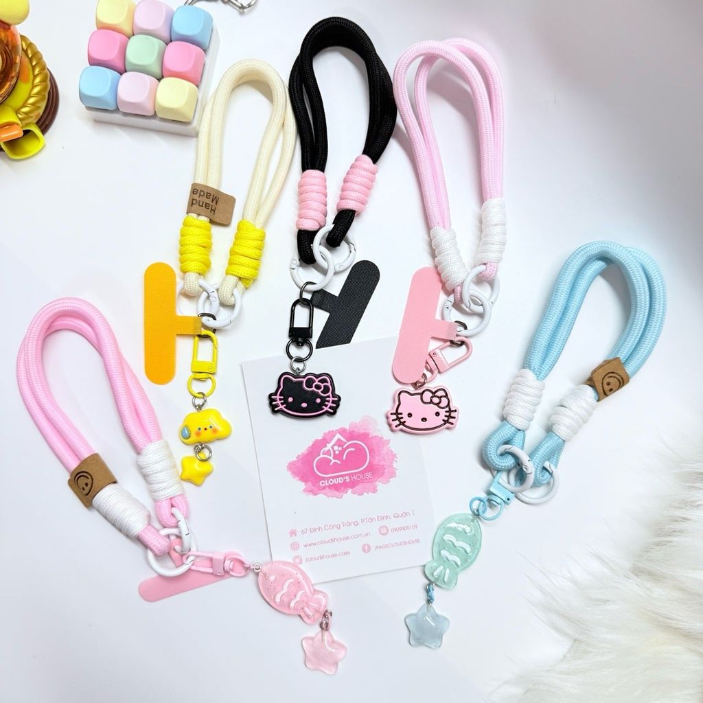Dây đeo ngắn móc tay chất dù giữ điện thoại màu phối trơn ( DÂY NGẮN) - kèm móc hoạt hình các mẫu