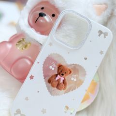 Case Ốp điện thoại iPhone Trắng Gấu Nâu Nơ Sao Cherry Freedom Có Nút Control Viền Camera Bling Bling iPhone 13/14/15/16/17Pro/Promax