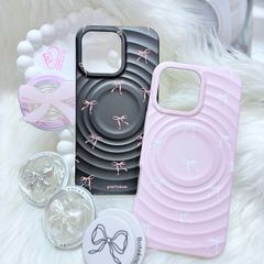 Case Ốp điện thoại iPhone Prettybow Nơ Hồng Nền Đen Pastel Magsafe iPhone 17/16/15/14/13/12/Pro/Promax