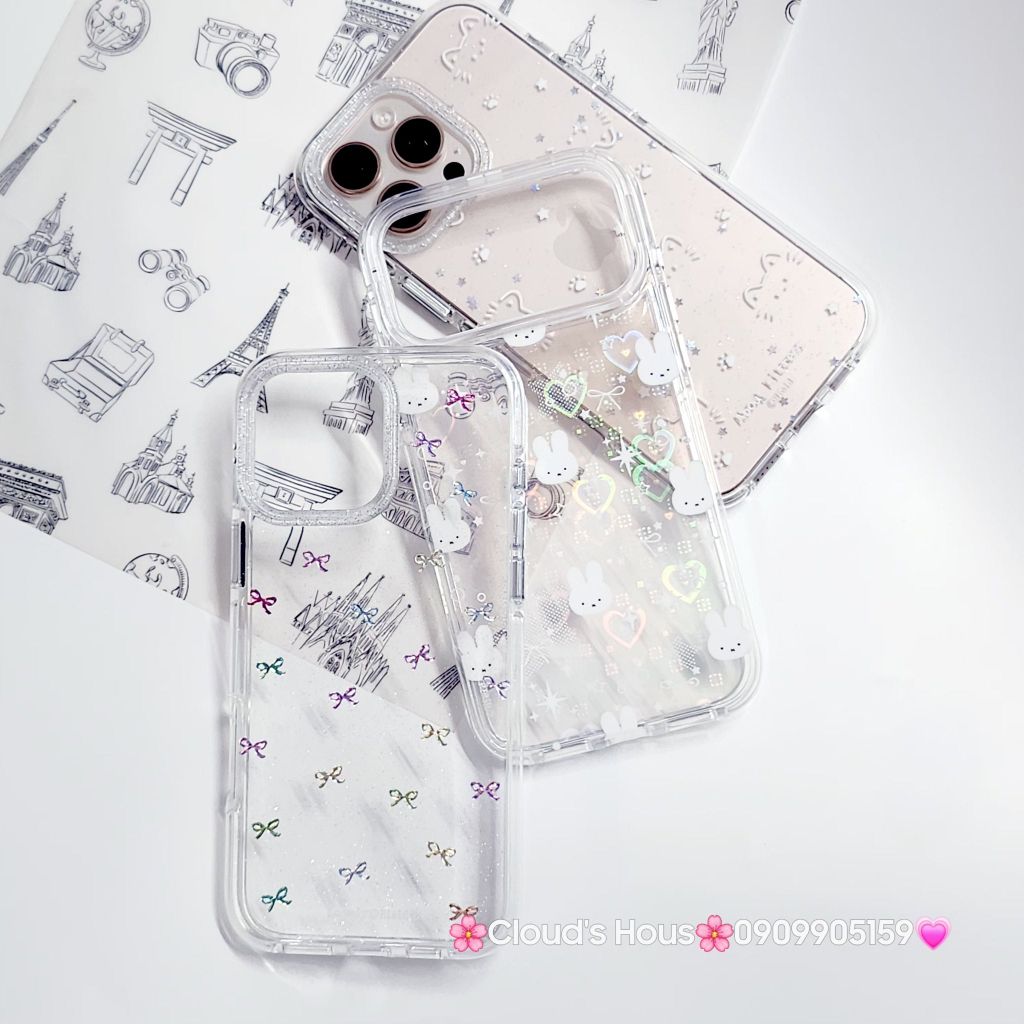 Case Ốp điện thoại iPhone Bling Bling ánh tim bé Thỏ kute viền camera lấp la lấp lánh iPhone 13/14/15/16/17Pro/Promax