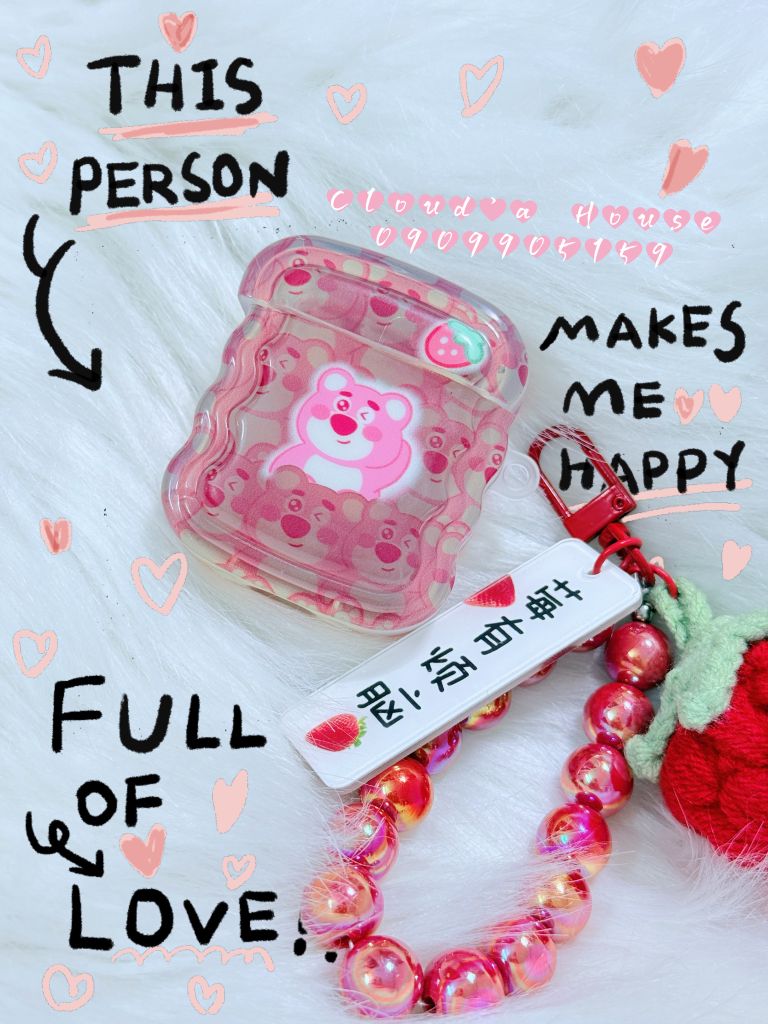 Cover Airpod Gấu dâu Lotso Chất dẻo gợn sóng Kèm móc khoá