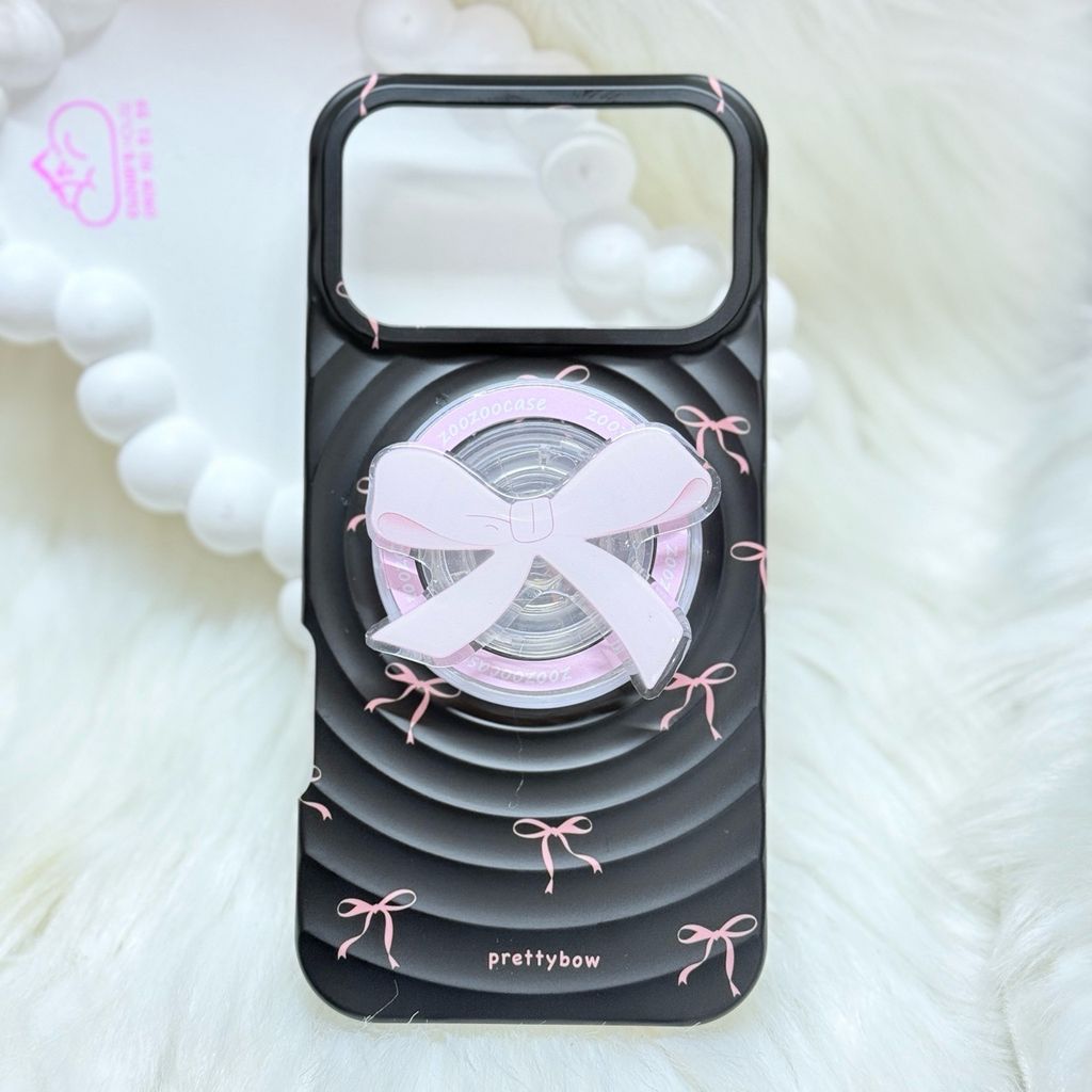 Case Ốp điện thoại iPhone Prettybow Nơ Hồng Nền Đen Pastel Magsafe iPhone 17/16/15/14/13/12/Pro/Promax
