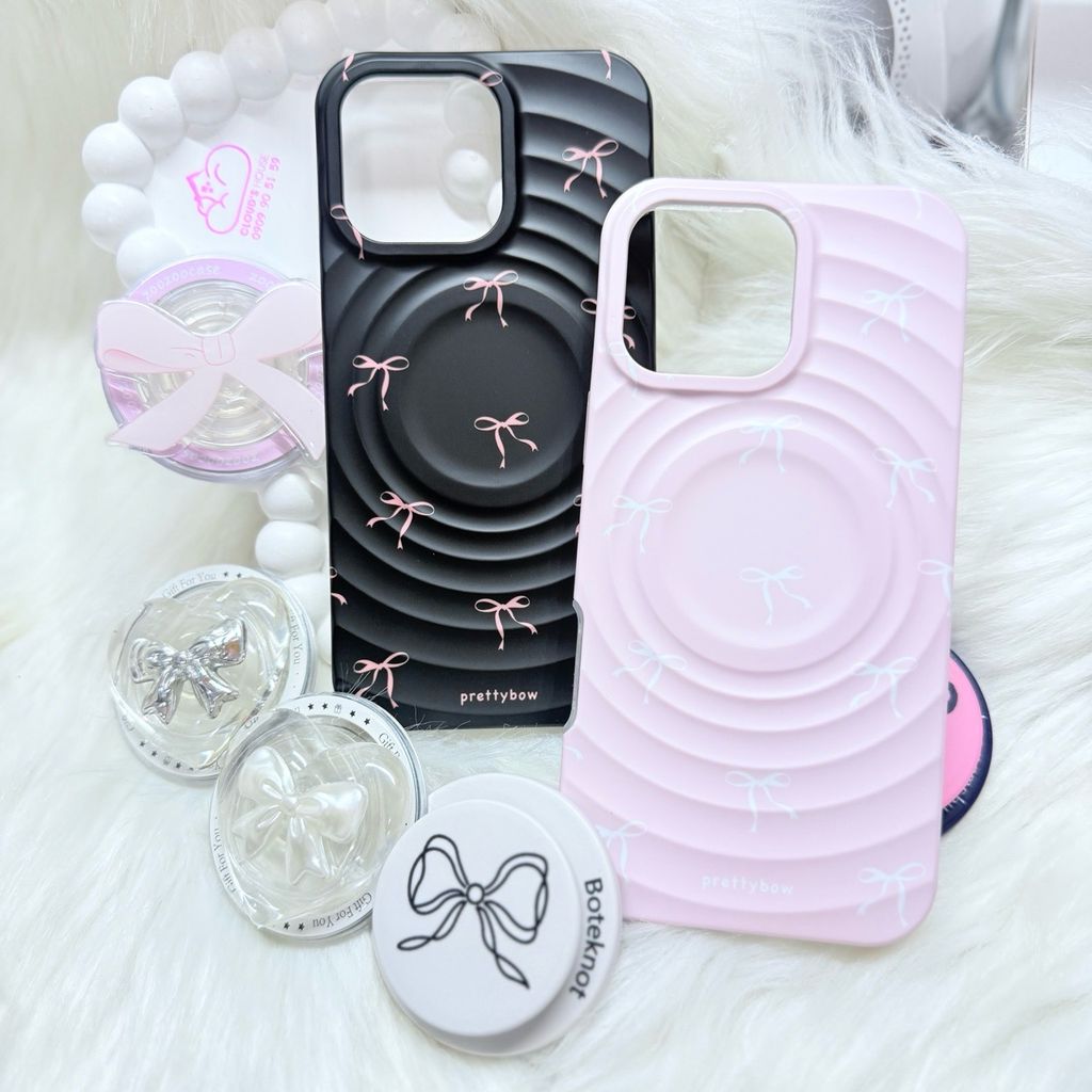 Case Ốp điện thoại iPhone Prettybow Nơ Hồng Nền Đen Pastel Magsafe iPhone 17/16/15/14/13/12/Pro/Promax