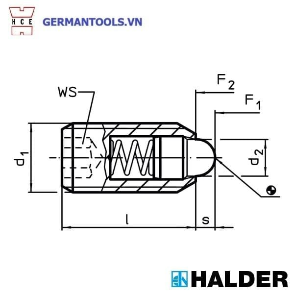 Chốt lò xo đầu trụ HALDER 22030.0145 – M5, lực tăng cường – germantools