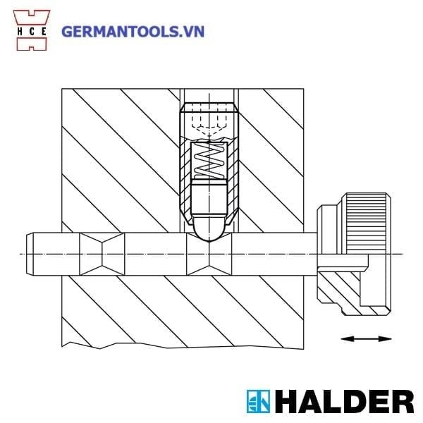 Chốt lò xo đầu trụ HALDER 22030.0145 – M5, lực tăng cường – germantools